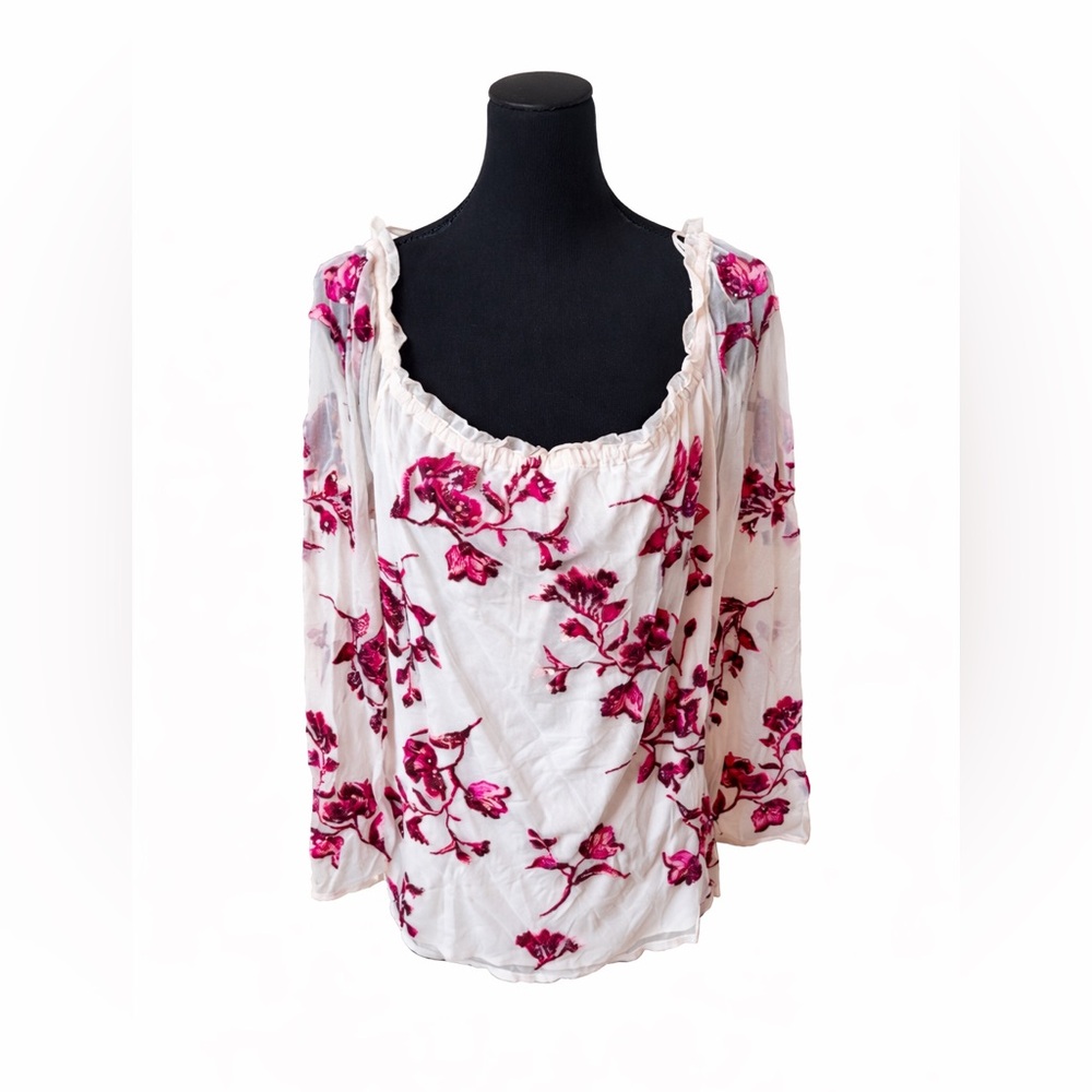 White House Black Market Pink Floral Embroidered Sheer Mesh Blouse XL  Like New